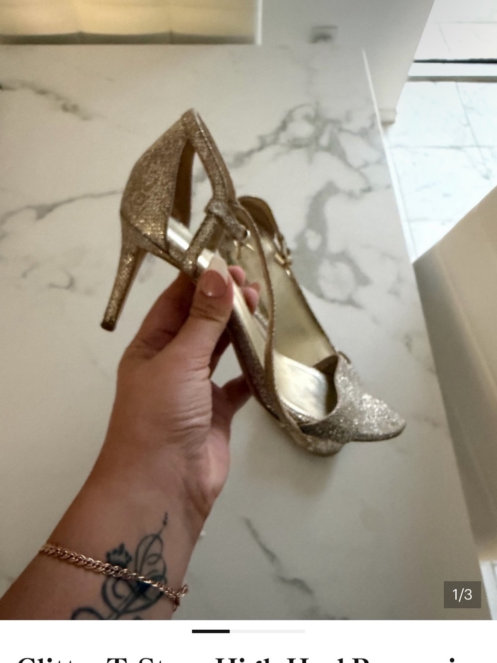 Glitter T-Strap High Heel Pump in Gold